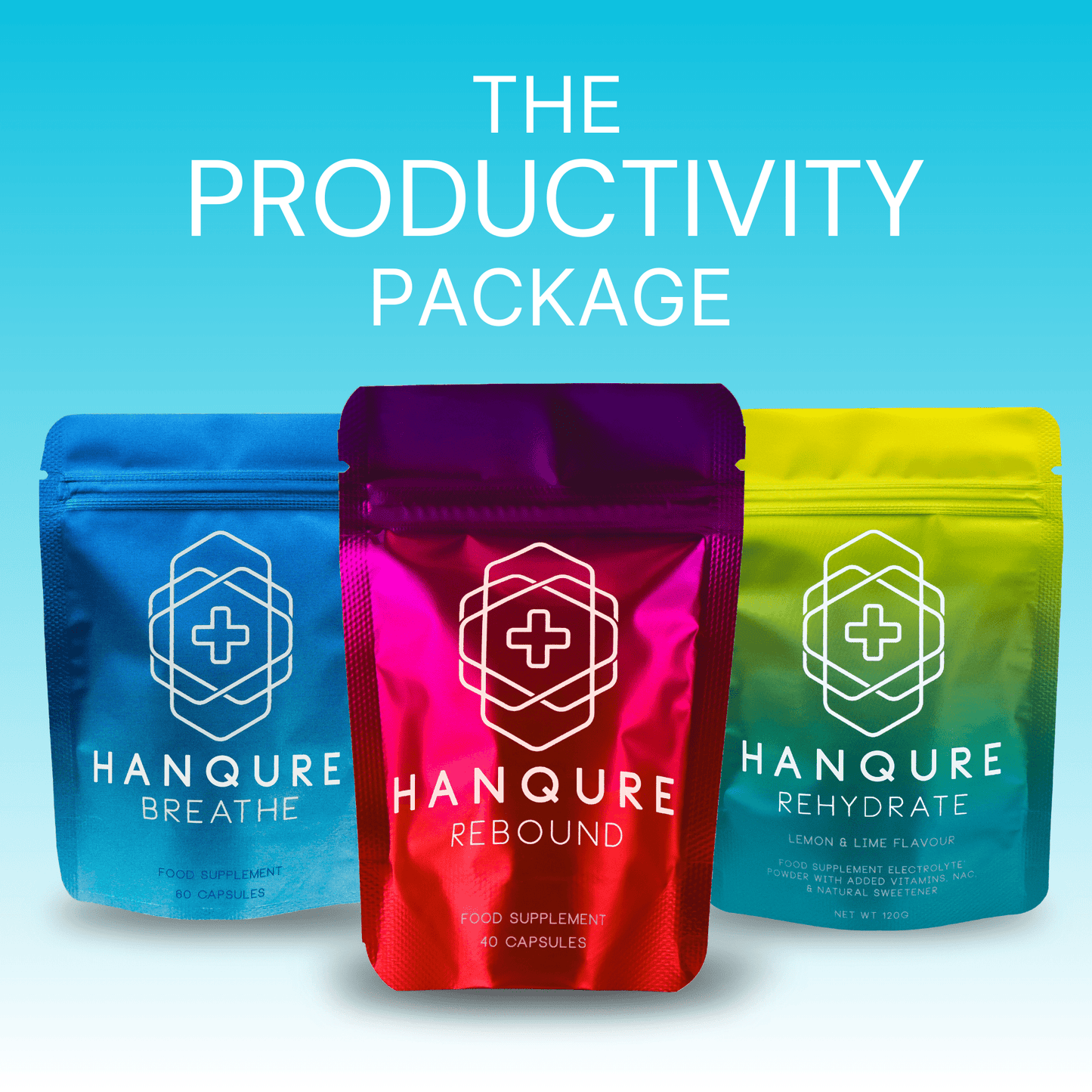 THE PRODUCTIVITY PACKAGE - HANQURE - 1x Rebound & 1x Rehydrate Lemon & Lime 120g & 1x Breathe - HANQURE