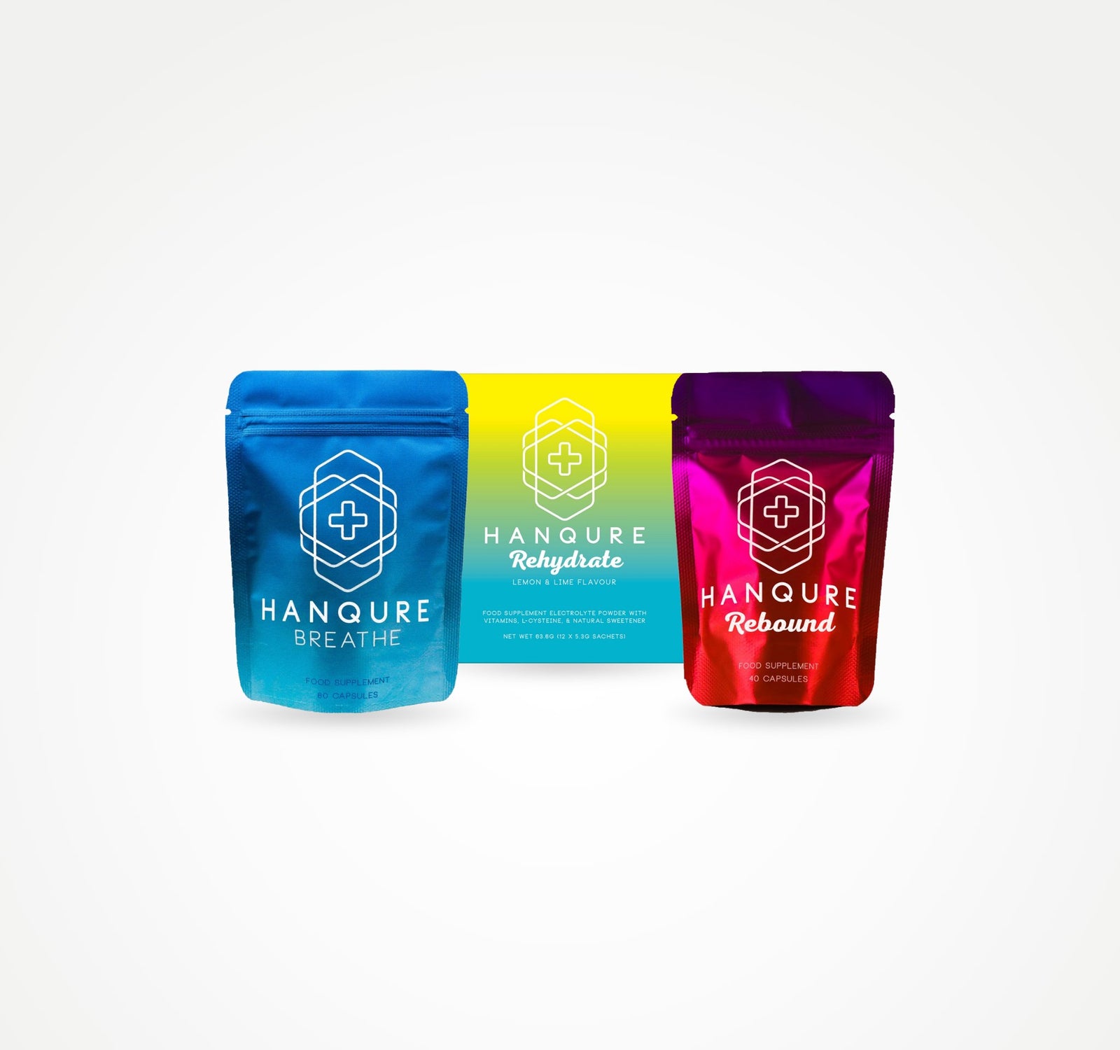 Hanqure Breathe and Rebound pouches in front of a Rehydrate 12 pack box