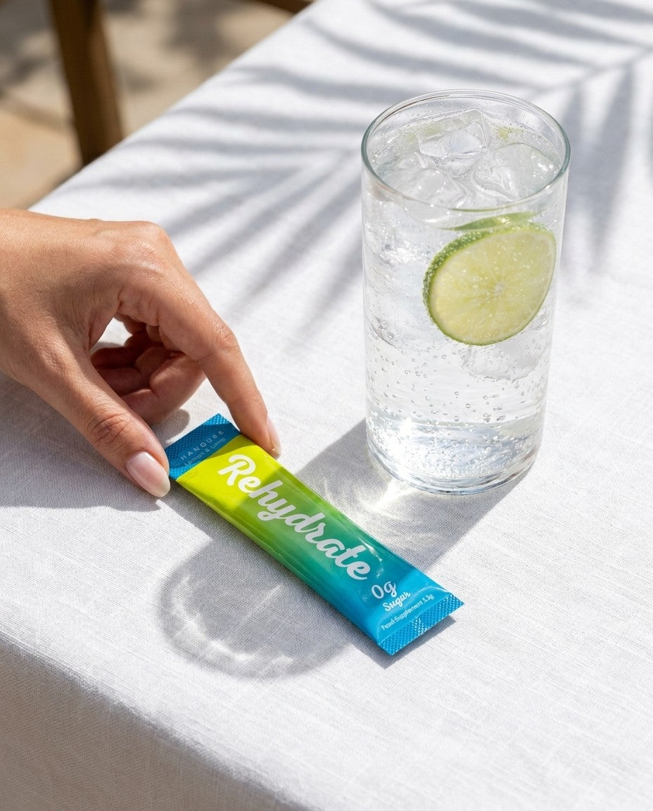 Reaching for a Rehydrate stick pack beside a glass of iced water