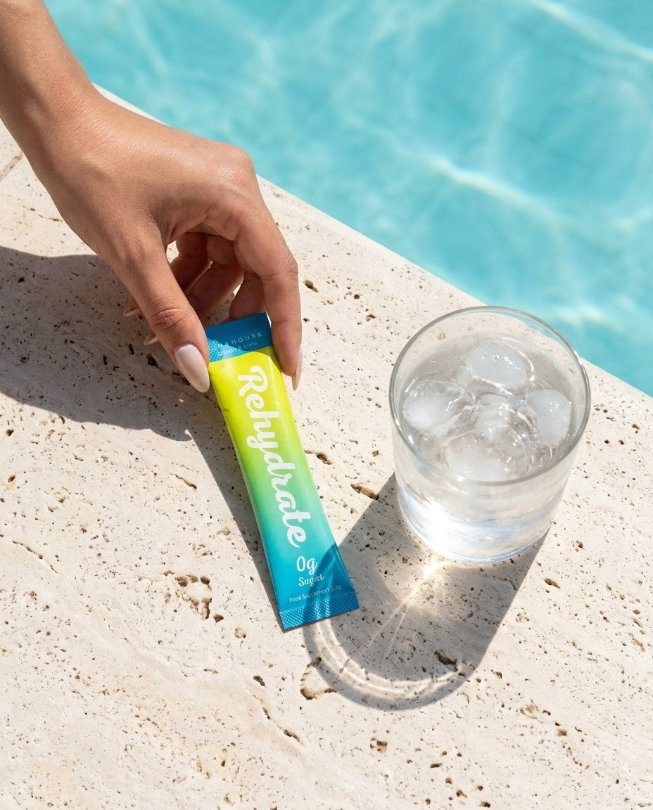 A Rehydrate stick pack by the pool with a glass of water
