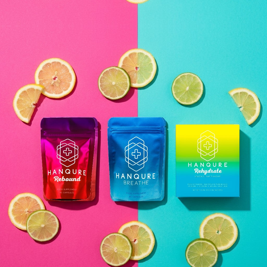 THE PRODUCTIVITY PACKAGE - HANQURE - 1x Rebound & 1x Rehydrate Lemon & Lime 12 Pack & 1x Breathe