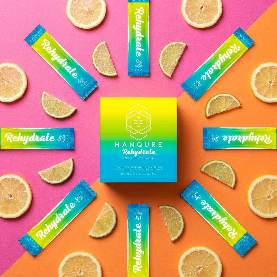 Hanqure Rehydrate 12 pack box and stick packs with lemon and lime slices